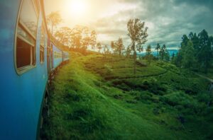 A train in Sri Lanka with sunset.