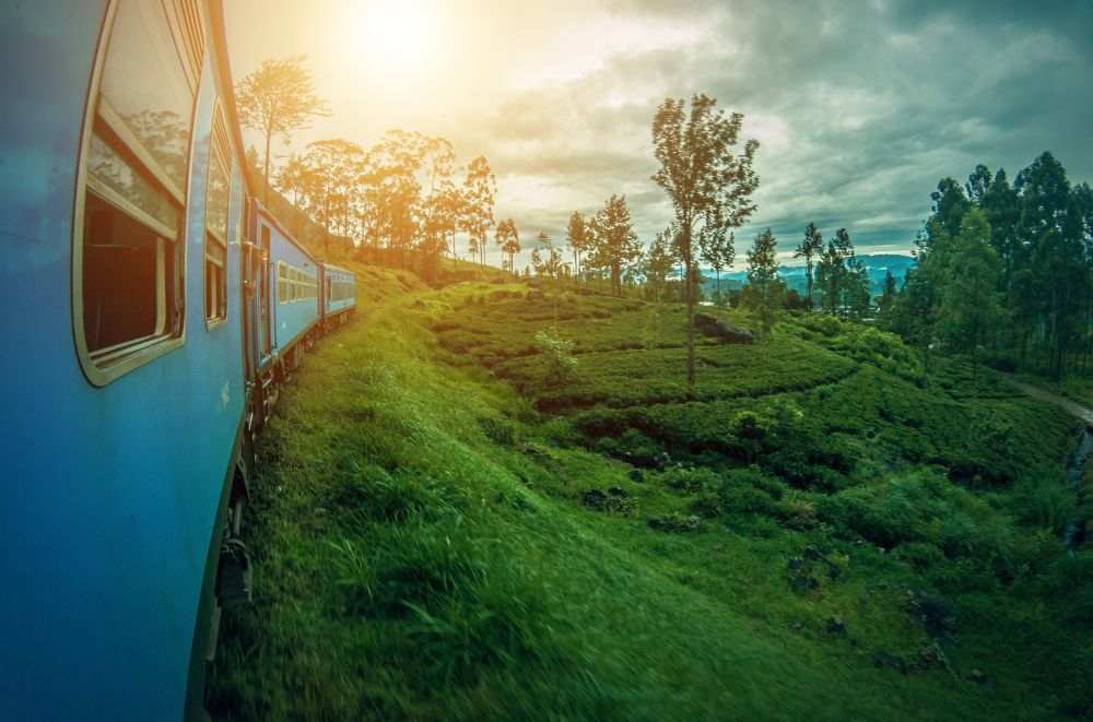 A train in Sri Lanka with sunset.